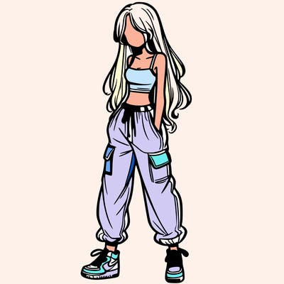 girl in baggy pants crop top and long hair
