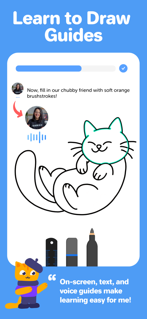 Drawing Desk:Learn to Draw App - Drawing Desk app interface showing a cat drawing lesson with text and voice guides