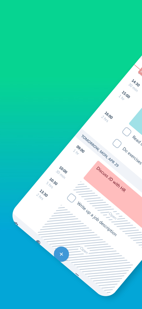 SkedPal - SkedPal App-Bildschirm, der einen Tagesplan mit automatisierten Zeitblöcken für Aufgaben und Besprechungen anzeigt.