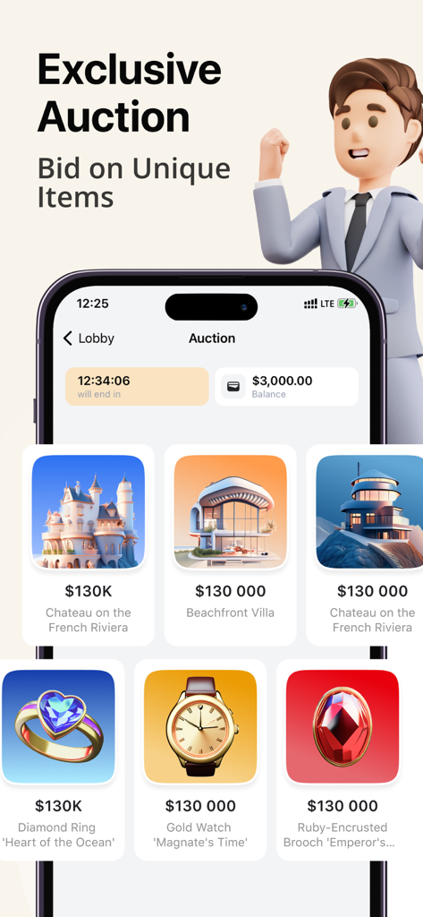 Cryptoguru app screen showing an exclusive auction where users can bid on virtual luxury items like villas, yachts, and jewelry.