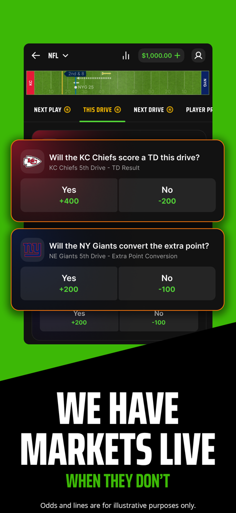DraftKings Sportsbook app interface showing live NFL prop bets for the KC Chiefs and NY Giants