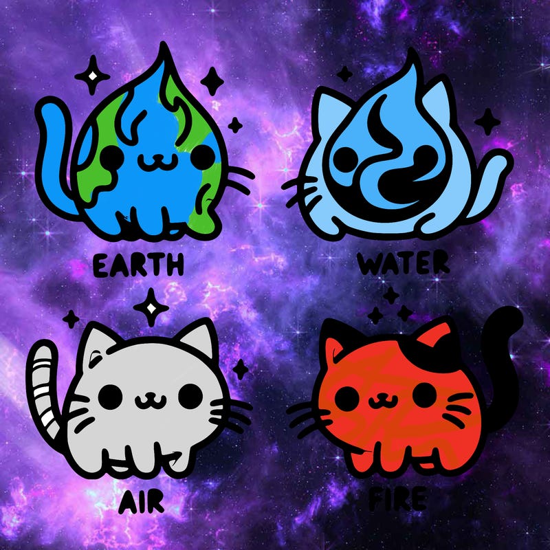 4 cats that represent the different elements, earth, water, air, and fire