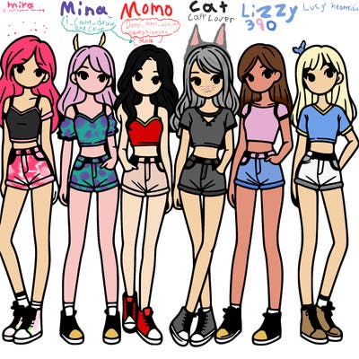 a group of girls wearing crop tops and shorts