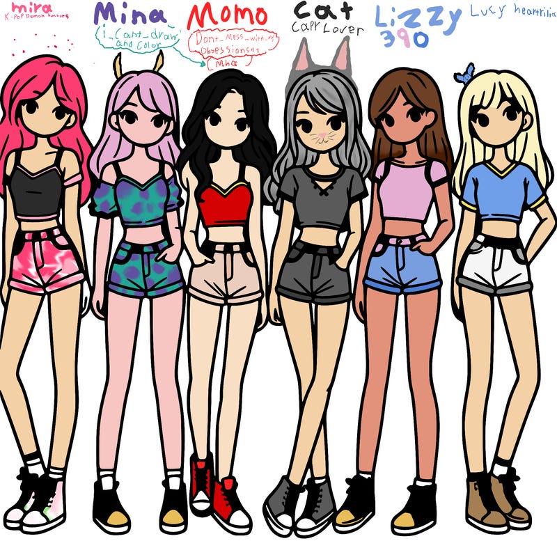 a group of girls wearing crop tops and shorts