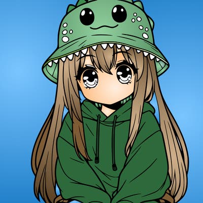girl with anime shaped eyes with a dinosaur bucket hat oversized sweatshirt long straight hair