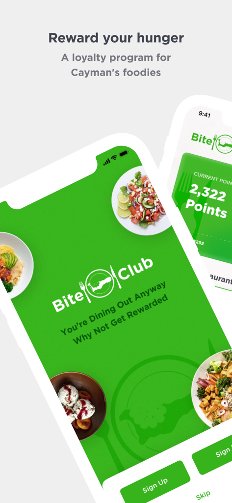 Bite Club Cayman - Bite Club Cayman restaurant loyalty program app interface showing reward points and dining offers