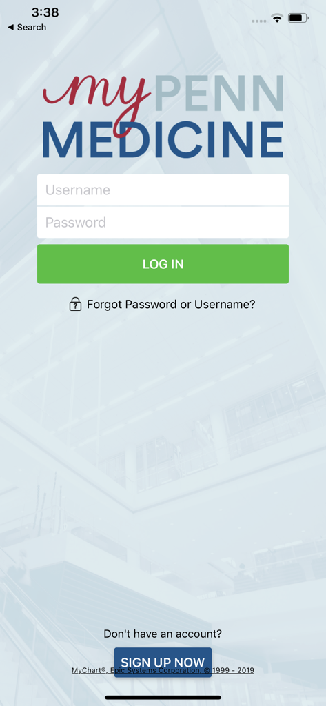 Login screen of the myPennMedicine patient portal app