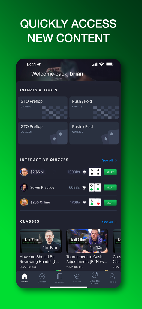 La pantalla de inicio de la aplicación Poker Coaching que muestra tablas GTO, cuestionarios interactivos y clases de póker.