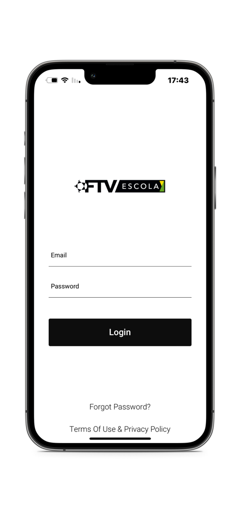 FTV Escola - Tela de login do aplicativo móvel FTV Escola com campos de entrada de e-mail e senha e um botão de login.