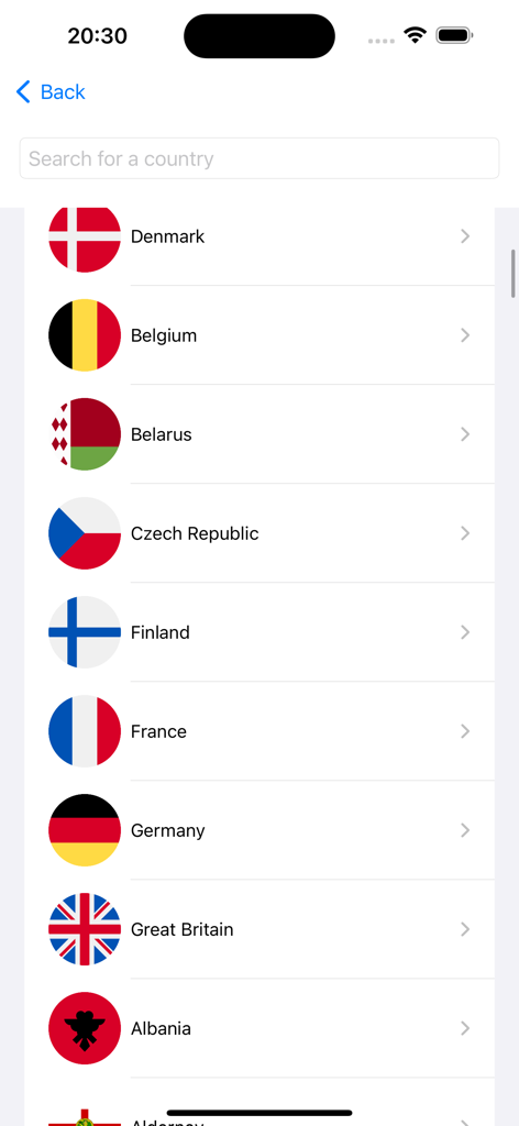 Stamp Collector: World Catalog - A list of countries with their flags in the Stamp Collector app catalog