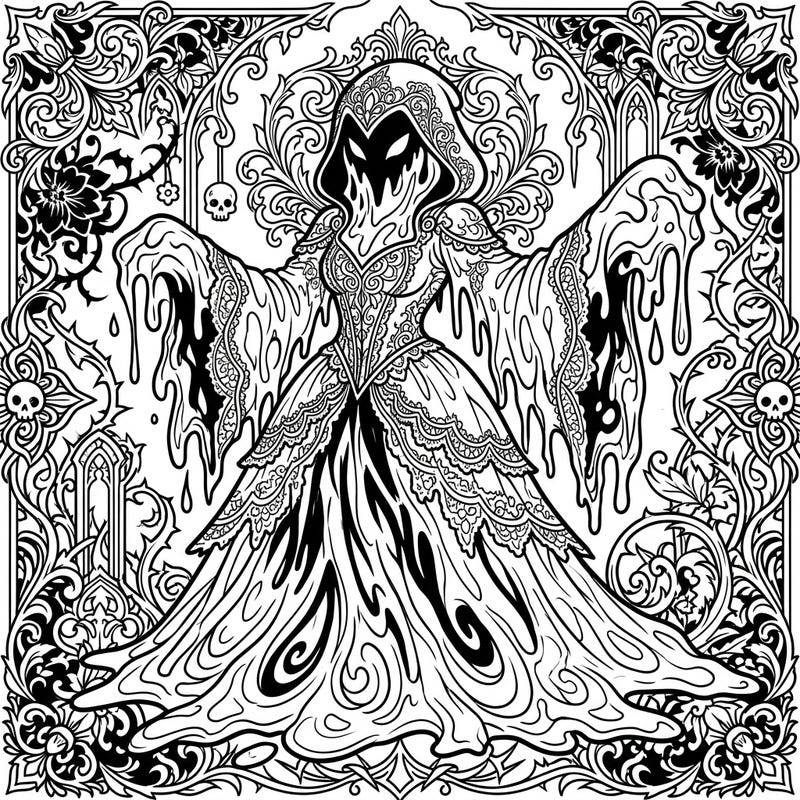 Dive into a world of dark beauty with this captivating Gothic Acid Slime coloring page. Featuring an elegant, spectral figure adorned in Victorian lace and surrounded by intricate gothic motifs, it promises a uniquely engaging coloring experience.