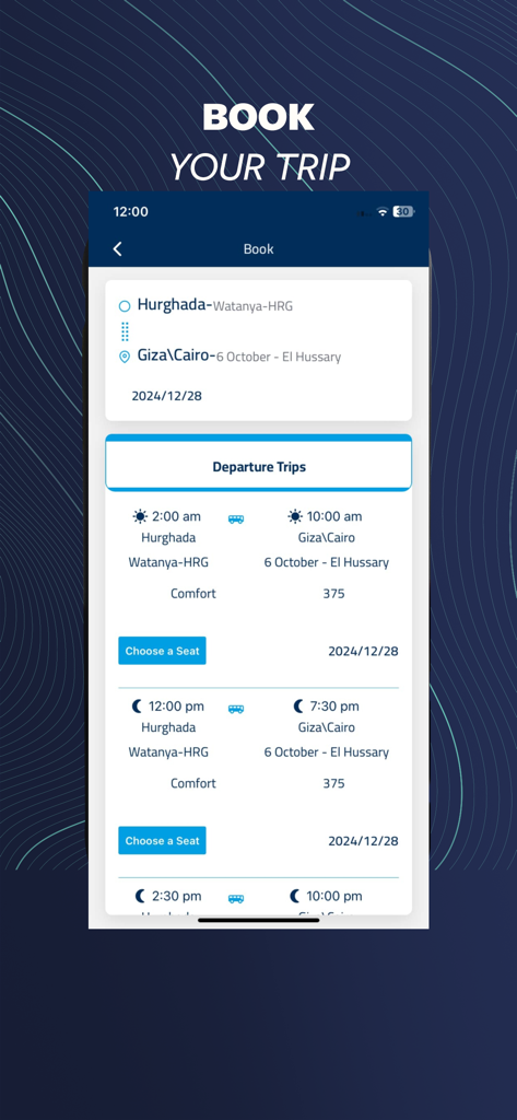 利用可能なバス旅行とチケット予約オプションを表示するBlue-Busモバイルアプリのインターフェース