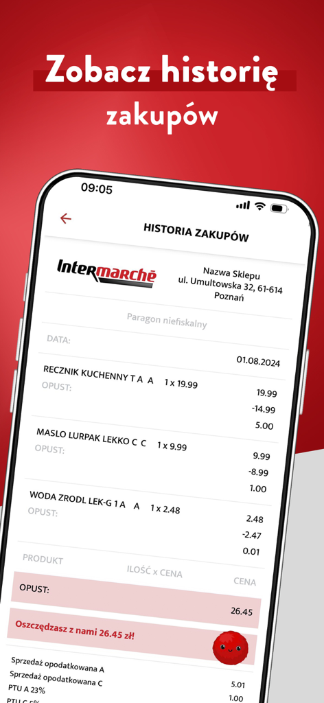 Recibo digital en la aplicación Intermarché Polska que muestra el historial de compras y los ahorros.