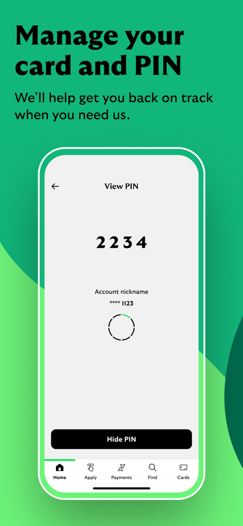 Schermata dello smartphone dall'app Lloyds Mobile Banking che mostra la funzionalità Visualizza PIN con un codice a quattro cifre visualizzato sopra un pulsante Nascondi PIN.