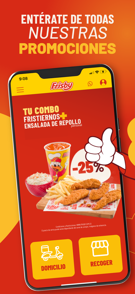 Frisby - L'app mobile Frisby mostra una promozione di combo di pollo con opzioni di consegna e ritiro