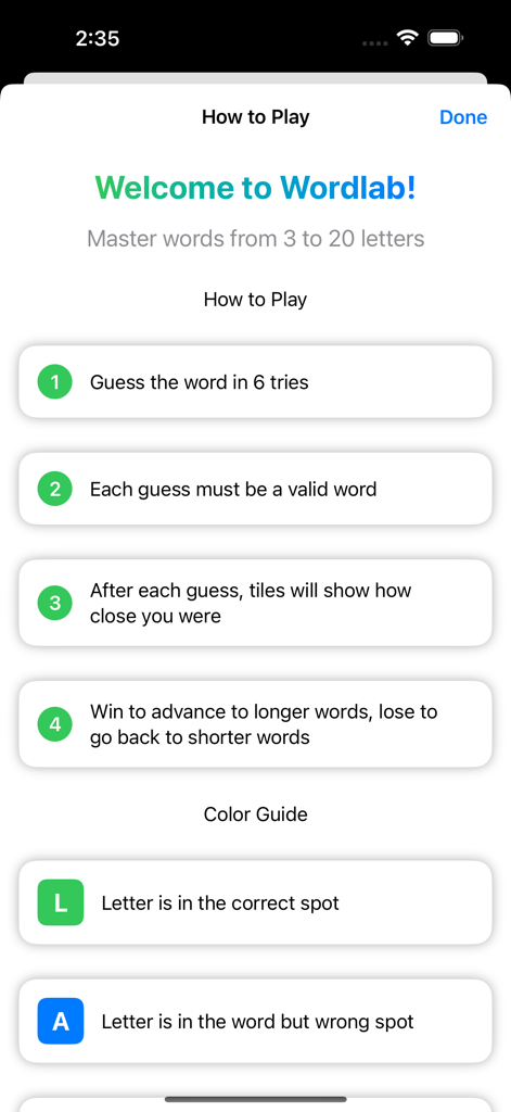 Wordlab Word Game - Wordlab Word Game how to play screen showing instructions and color guide