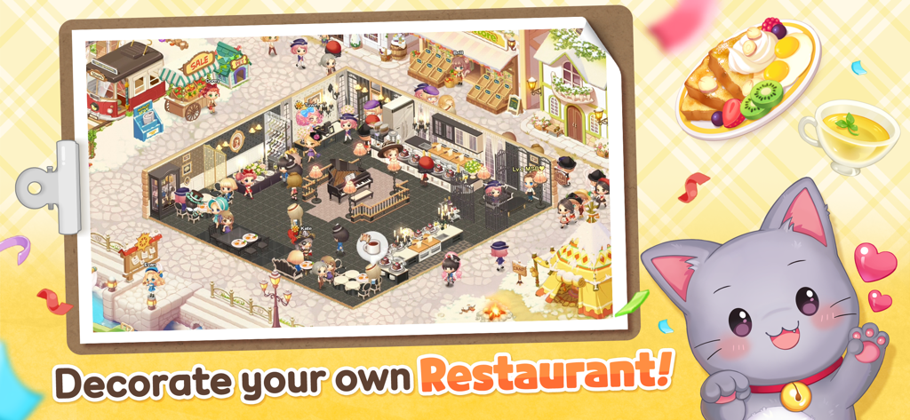 My Secret Bistro - Captura de tela do jogo móvel My Secret Bistro mostrando a personalização do restaurante com um gato fofo e design de interiores