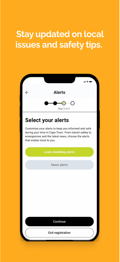 City of Cape Town - Pantalla de la aplicación móvil de la Ciudad del Cabo que muestra opciones para suscribirse a alertas de cortes de carga y noticias