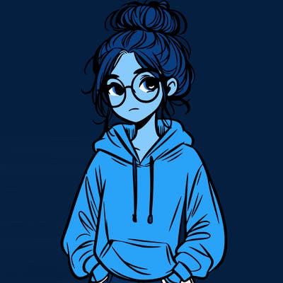 teen girl with a messy bun and glasses wearing a loose hoodie and jeans