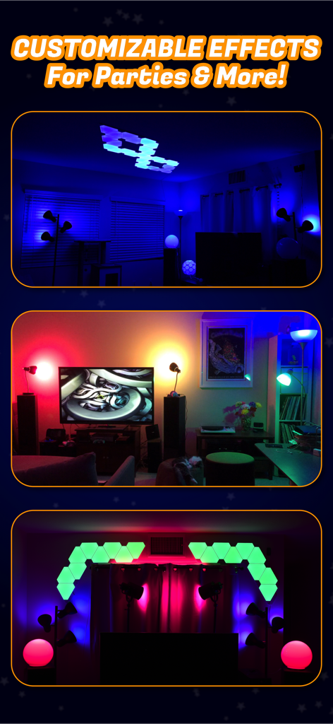 Light DJ Pro for Smart Lights - Three room setups showcasing vibrant customizable smart lighting effects for parties and entertainment