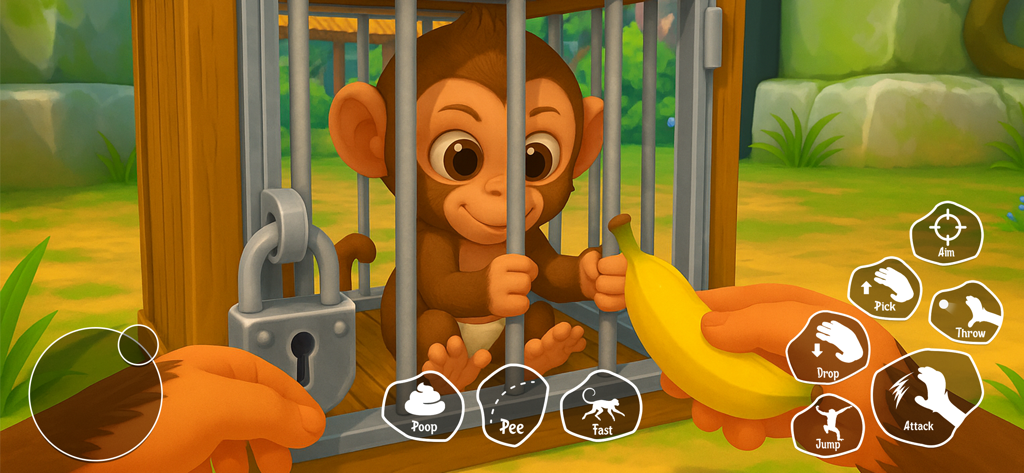 Monkey Zoo Chaos - Survival - Vista em primeira pessoa de um macaco a segurar uma banana em frente a uma jaula fechada com controlos de pegadinhas e movimento
