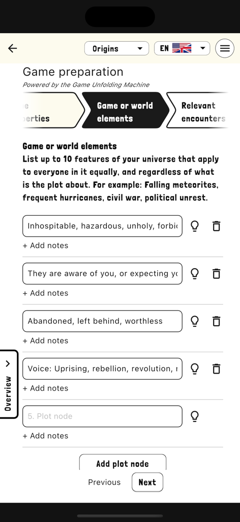 PUM Companion RPG Storytelling - Une capture d'écran de l'écran de préparation de jeu de l'application PUM Companion pour définir les éléments du monde et les nœuds d'intrigue.