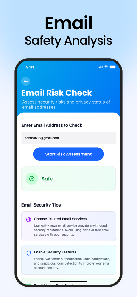 AI Security: Safe & Protection - Interface do aplicativo AI Security mostrando um resultado de avaliação de risco de e-mail e dicas de segurança