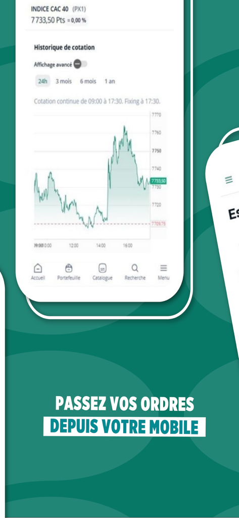 CA Bourse - Mobile Benutzeroberfläche der CA Bourse App, die ein CAC 40 Indexdiagramm und Handelsoptionen zeigt