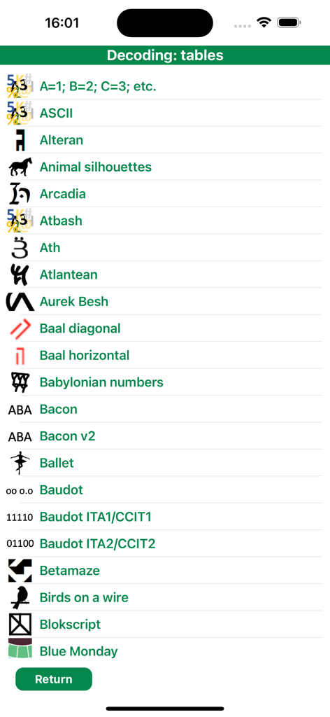 A list of various decoding tables and ciphers within the Geocaching GCTK mobile app