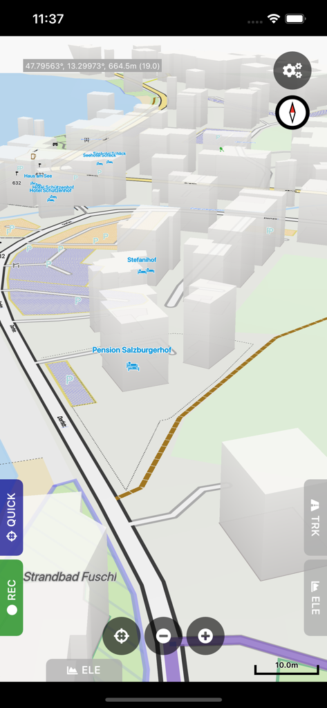 Cartograph Maps 3 - Mobile interface of Cartograph Maps 3 showing a 3D vector map with buildings and coordinates