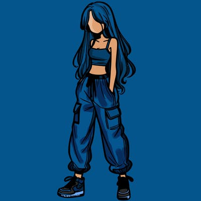 girl in baggy pants crop top and long hair
