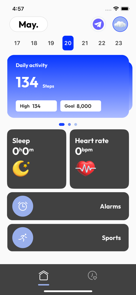 MOBO SMART - Panel de la aplicación MOBO SMART mostrando métricas diarias de actividad, pasos, seguimiento del sueño y frecuencia cardíaca