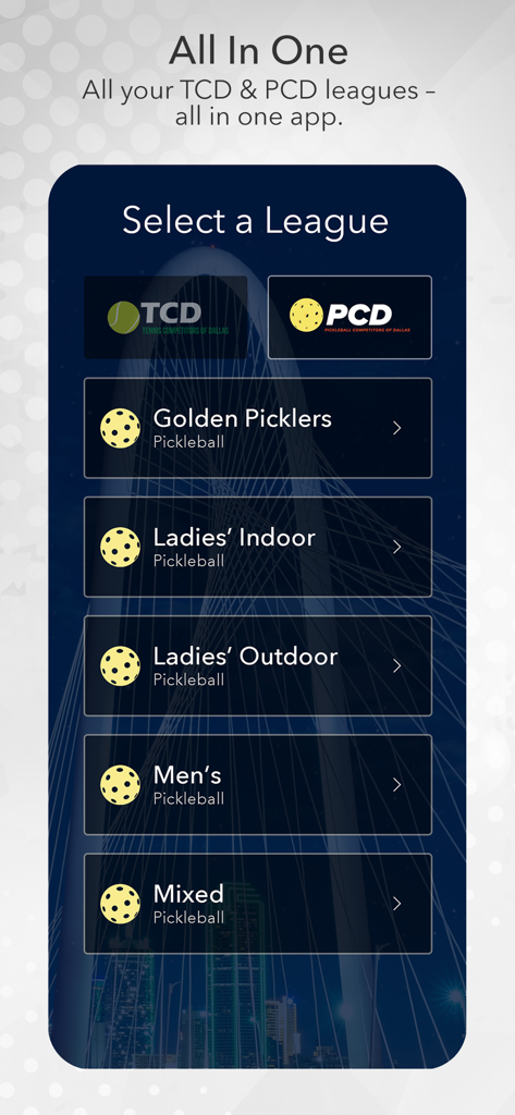 TCD To Go - Interface of the TCD To Go app showing the league selection menu for tennis and pickleball competitors in Dallas.