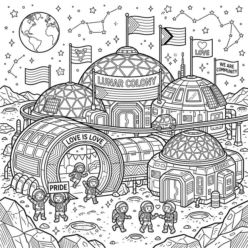 Blast off to a world of color with our Lunar Colony Pride coloring page, featuring a vibrant space settlement celebrating love and community. This unique design combines futuristic lunar living with powerful symbols of diversity, inviting you to create a masterpiece.