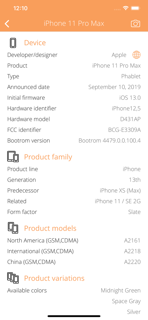 Cellular Infoアプリに表示されるiPhone 11 Pro Maxの詳細なハードウェアおよびモデル仕様。