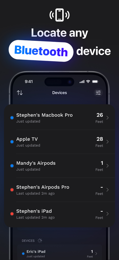 Lista de dispositivos Bluetooth cercanos con seguimiento de distancia en la aplicación TrackIt