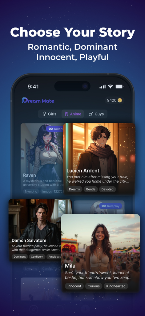 Dream Mate: AI Roleplay Chat - Dream Mate app interface showing a gallery of AI characters with different personality traits like romantic and dominant for roleplay stories