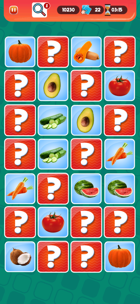Picture Match: Memorama - Memory match game board featuring a deck of fruits and vegetables cards