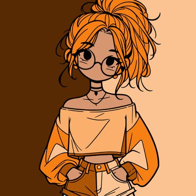 girl with a messy ponytail glasses a baggy crop top and jean shorts