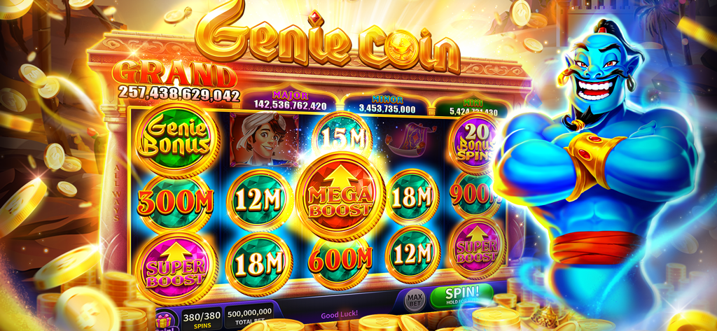 House of Slots - Casino Games - Gameplay screenshot of the Genie Coin slot machine in House of Slots featuring a blue genie and large coin jackpots.