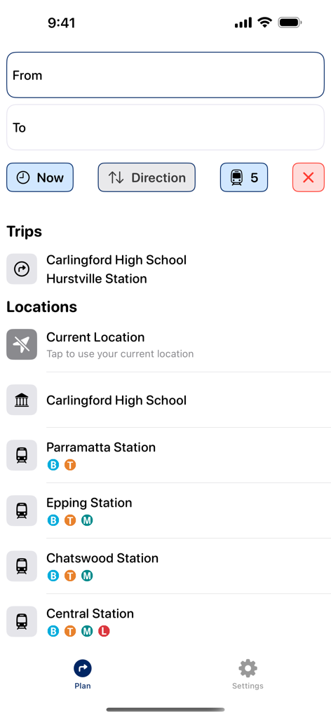 Trip Planner - Transport NSW - Trip planning screen of the Transport NSW app showing destination inputs and a list of Sydney train stations