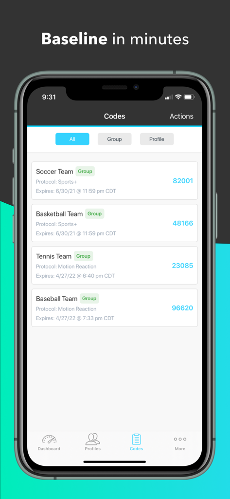 Sway Medical app interface displaying testing codes for various sports teams