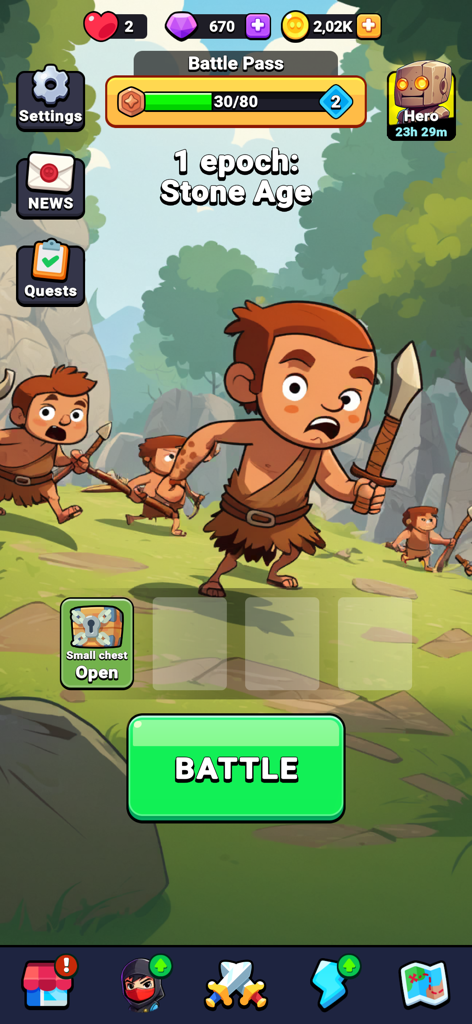 Age of Heroes | Warriors Clash - Mobile game interface for Age of Heroes showing caveman warriors in the Stone Age epoch