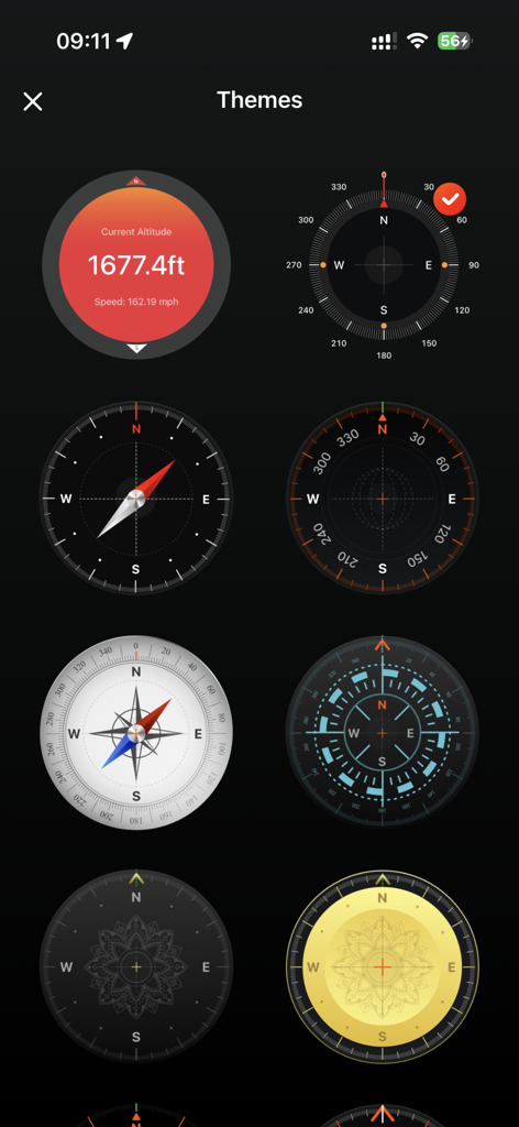 Compass: GPS & Altimeter - A grid of various compass and altimeter design themes in the mobile app interface.