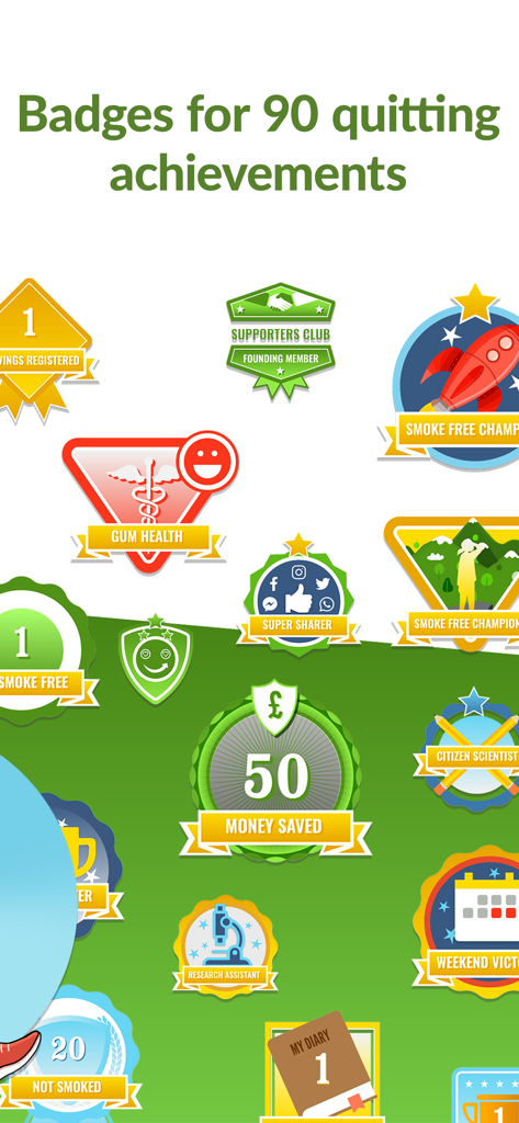 A collection of colorful gamification badges for quitting smoking achievements in the Smoke Free app