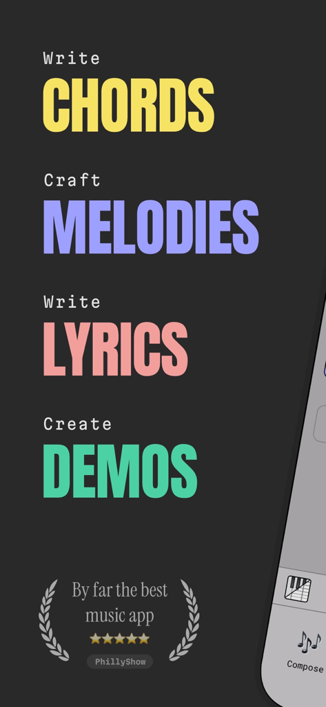 Text overview of ChordButter features highlighting chord writing craft melodies lyric composition and demo creation