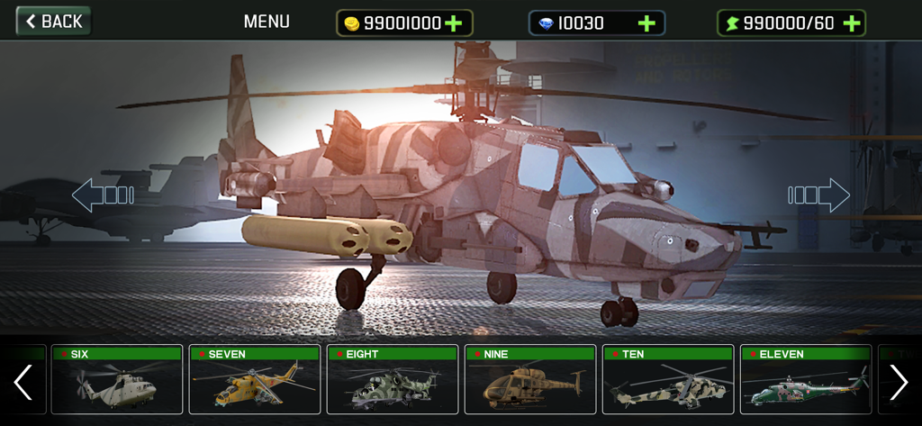 Gunship Combat: 3D Air Strike - Pantalla de selección de helicópteros que muestra varios helicópteros de combate militares en un menú de juego de ataque aéreo 3D.