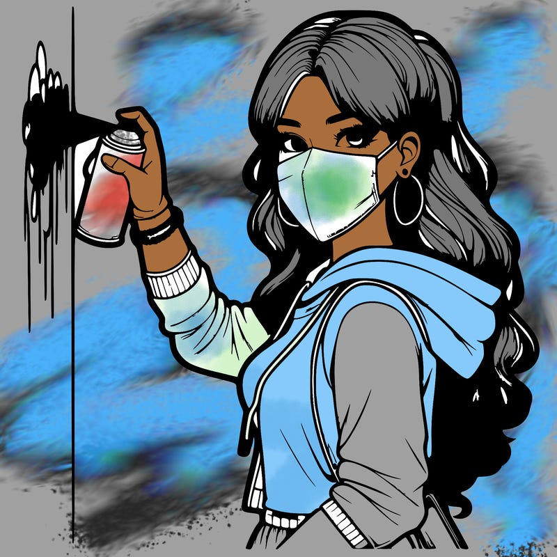 realistic girl with mask spray painting a wall