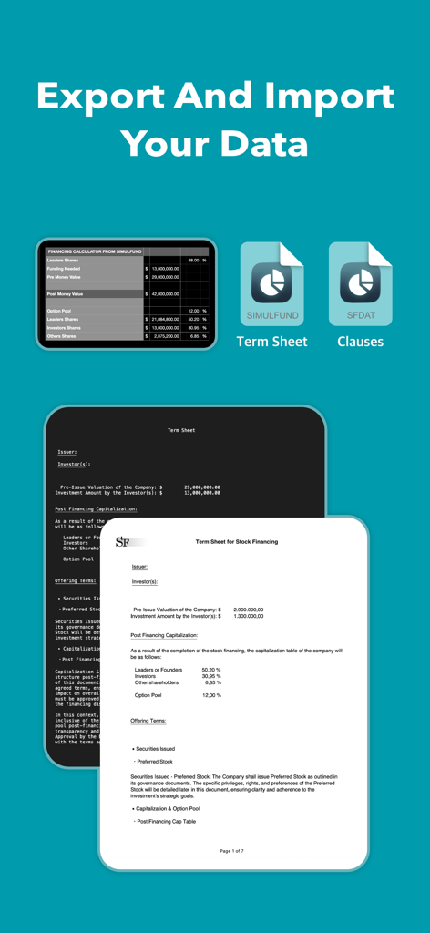 Simulfund * Startup Funding - スタートアップ資金調達タームシートと財務データのインポートおよびエクスポート方法を表示するインターフェイス