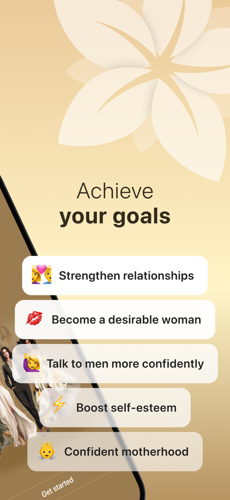 MusesAcademy: Daily Growth - Mobile app screen for MusesAcademy showing a list of personal growth goals including relationships, self-esteem, and motherhood